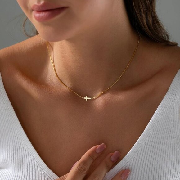 Cross Necklace for Women 14K Gold Silver Plated Dainty Small Cross Pendant Choke - Picture 3 of 8